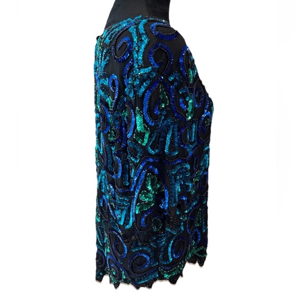 Laurence Kazar ladies size 1X black blue green evening glam top 100% silk sequin - Picture 7 of 10
